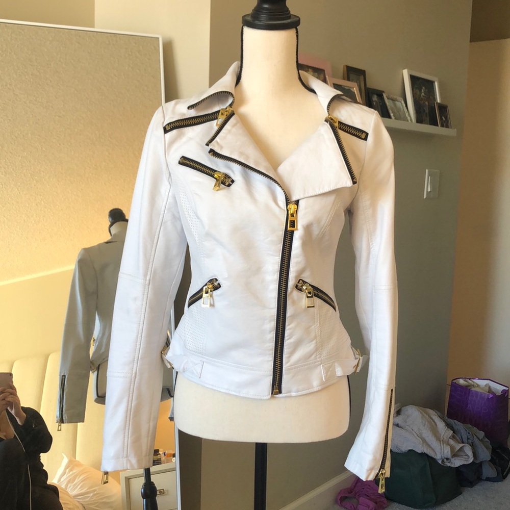 Guess Faux Leather White Jacket with Gold Zipper Detail